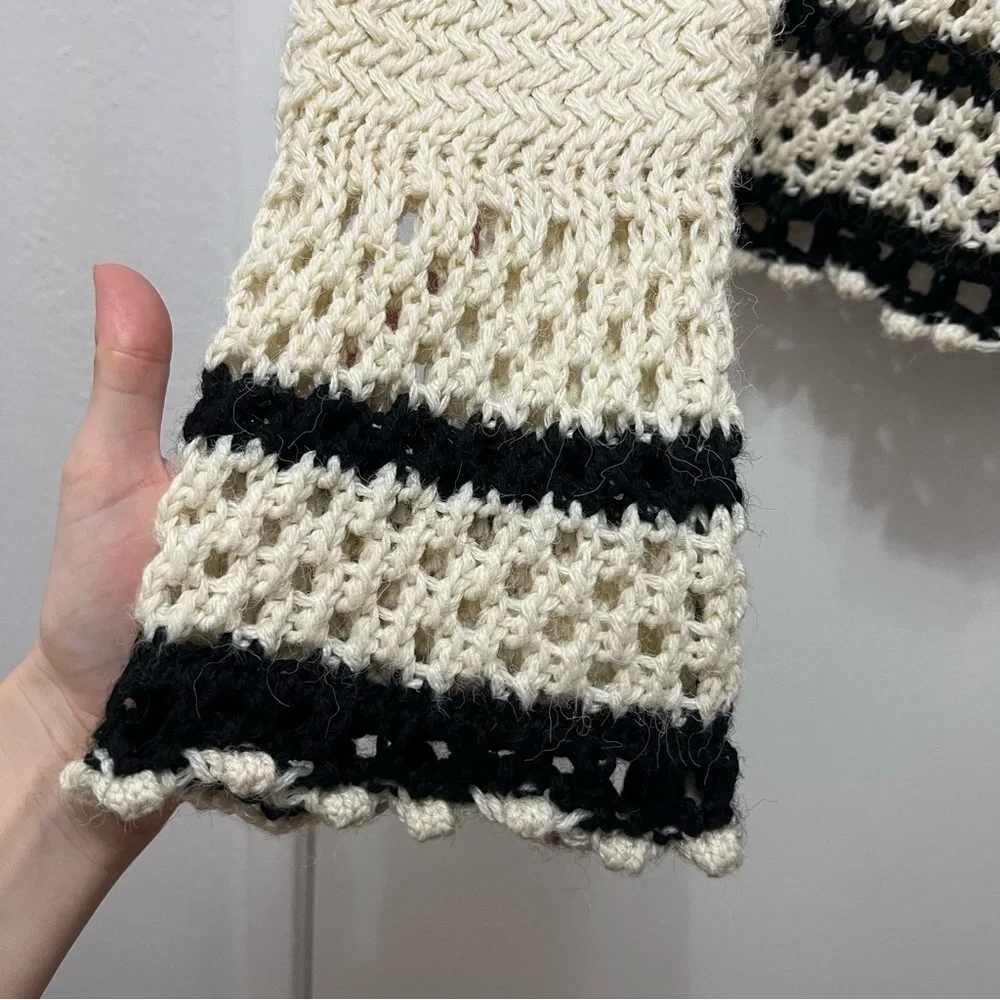 Mango Ruffle Flare Sleeve Sweater Open Knit Cream Black XS Crewneck Pullover - Picture 5 of 11